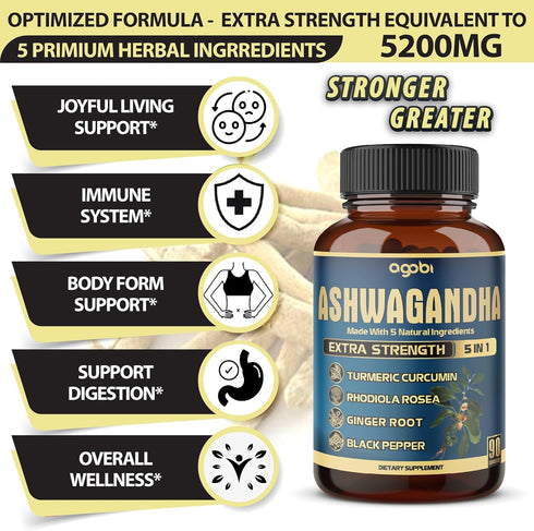Ashwagandha Extract Capsule - Great Strength - 5in1 Blended Ginger, Turmeric, Rhodiola Rosea & Black Pepper - 90 Capsules for 3 Months - Strength,...